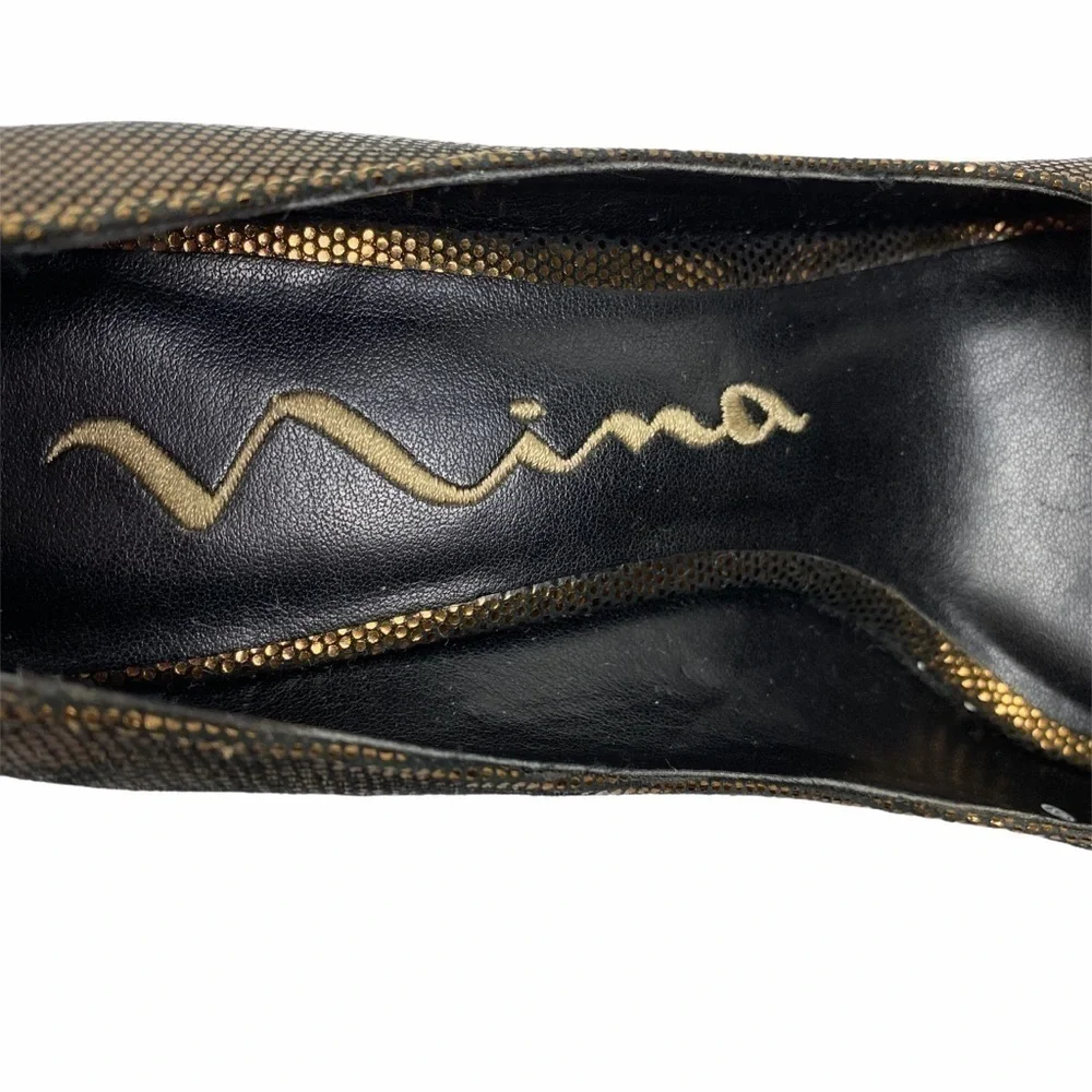 Nina Bronze Chain Link Leather Sole Stiletto Heels Women's‎ Size 7 Open Toe